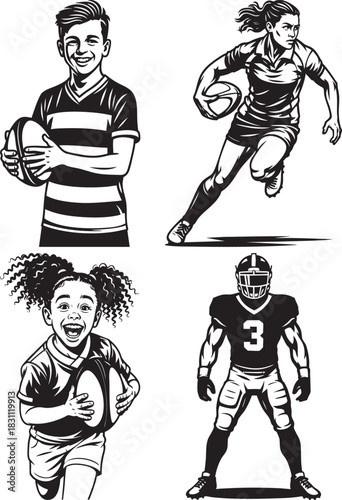 Monochrome vector illustrations of diverse people, including children and adults, playing rugby and American football.