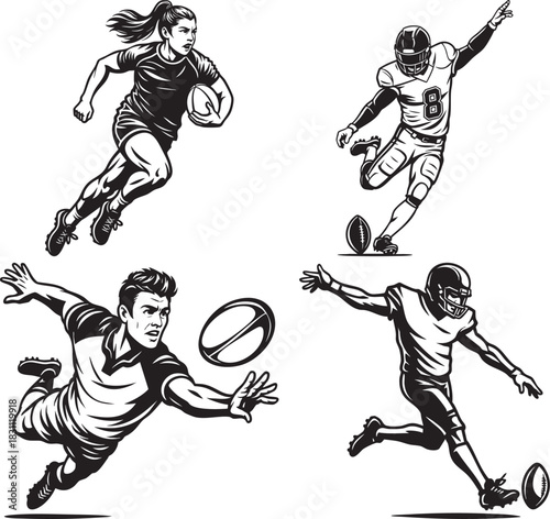 Black and white illustrations of athletes in action, showcasing rugby and American football.