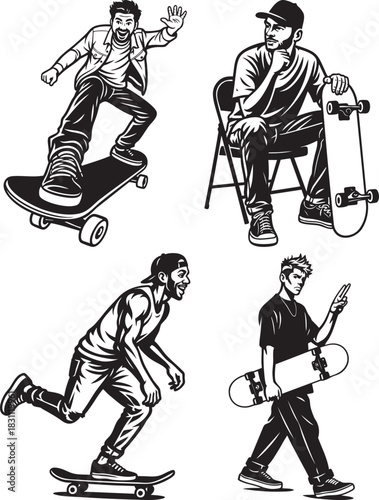Black and white illustration of four different skateboarders in various poses, showcasing skateboarding lifestyle.