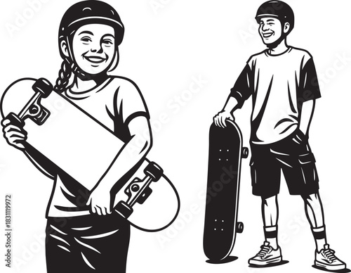 Monochrome illustrations of skateboarders in various poses, riding and resting.