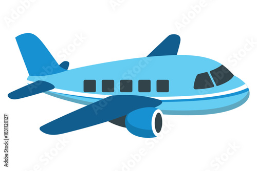 A stylized blue airplane flies through the sky.