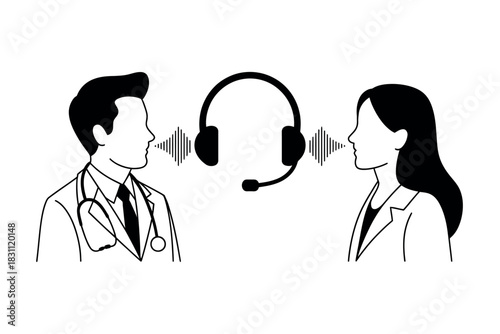 Two professionals wearing headsets communicate during a virtual meeting.