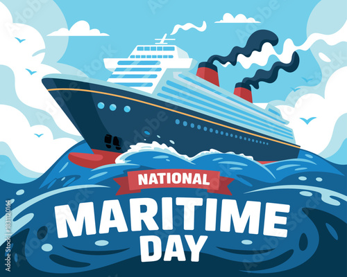 A grand cruise ship sails on the ocean waves celebrating National Maritime Day.