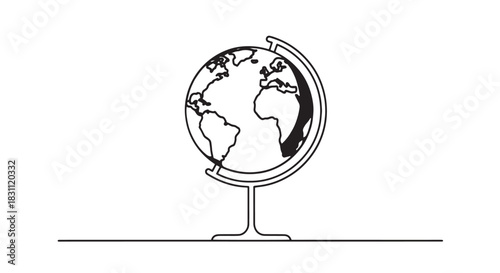 Minimal line art illustration of a world globe on a stand.