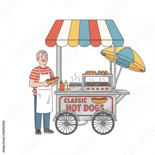 A classic illustration of a man on a vintage grill cooking food next to an antique retro transport vehicle design with a vector art style