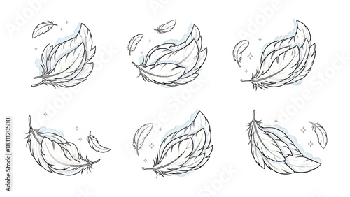 Feather Collection: A set of delicate feathers are gracefully floating with subtle shading, evoking a sense of lightness and serenity.