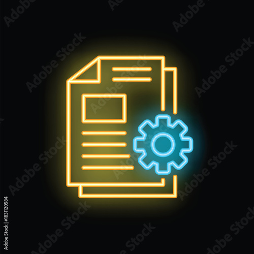 Glowing neon icon symbolizing workflow automation with a gear engaging with documents