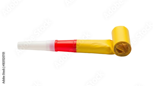 Colorful party horn with yellow, red, and white sections on isolated background