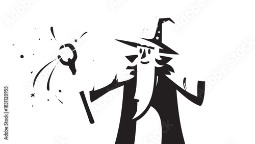 Silhouette of a magician performing magic with wand and top hat.