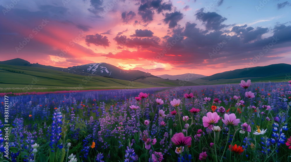 Fototapeta premium A vast field of flowers stretches endlessly across the landscape, bursting with vibrant colors and creating a breathtaking, dreamlike view
