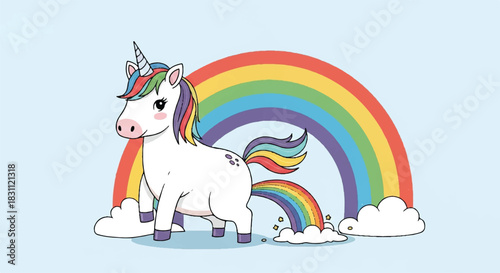 Cute Unicorn Standing Proudly Next to a Vibrant Rainbow.