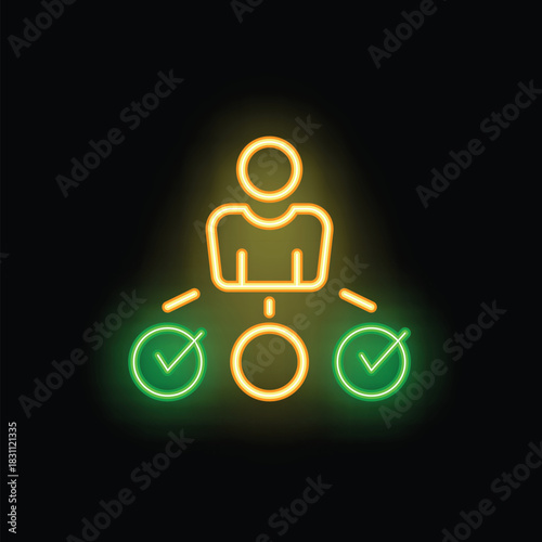 Neon icon of a manager choosing between two candidates represented by check marks, symbolizing the decision making process