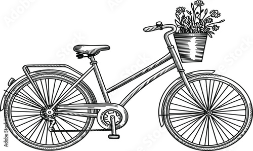 Vintage Bicycle with Flower Basket Engraving Vector Illustration, Retro Transportation Sketch, Classic Bike Spring Time Woodcut Graphic Design Element