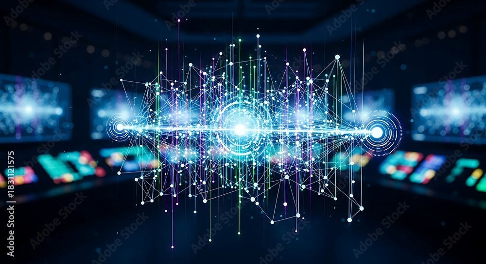 Fototapeta premium Digital Data Network with Central Luminous Connection