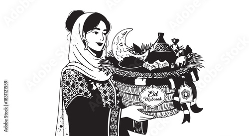 Illustration of a traditionally dressed woman presenting a ceremonial platter in a cultural scene.
