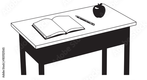 Minimalist desk scene featuring a book, pencil, and apple.