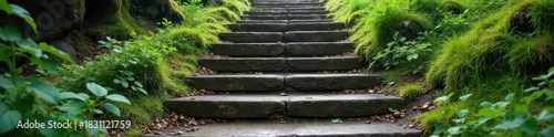 Weathered concrete steps becoming a moss-covered hillside, green, spring