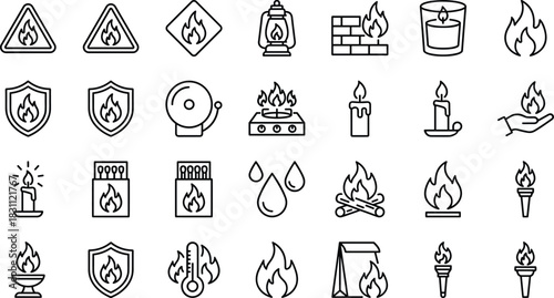 Black and White Outline Set of Fire and Flame Safety Icons: Warning, Burning, Shield, Heat, Matchbox, and Campfire Emergency Graphics