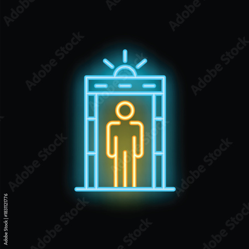 Neon glowing sign of a security gate detecting a person, representing safety protocols and access control measures