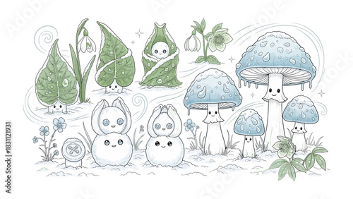 Whimsical Forest Friends: Charming illustrations of anthropomorphic mushrooms and plants, exuding a sense of peace and tranquility within a serene forest setting. 