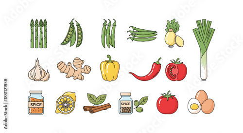 Variety of culinary ingredients displaying fresh vegetables herbs spices and eggs in a cartoon style format