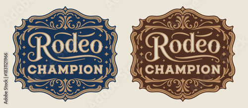 Rodeo champion cowboy belt buckle emblem featuring bull rider medal and ornate typographic design, perfect for western branding, sports awards, apparel graphics, event logos, posters, and detailed vec