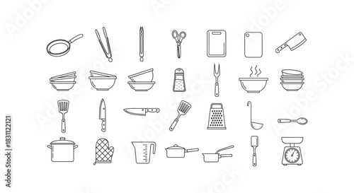 Kitchen utensils for cooking food vector linear design illustrations isolated on white background