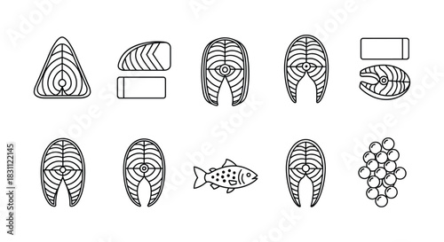 Salmon fish and caviar set of icons in line style, vector raw food of steak and fillet nutrition