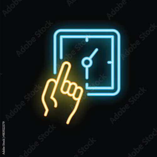 Neon sign icon of a hand with index finger extended pointing at a clock
