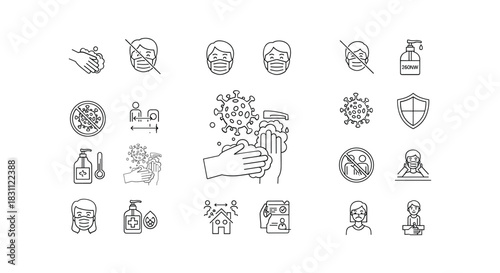 Collection of outline icon set safety hygiene protection cleaning virus bacteria disease epidemic medical