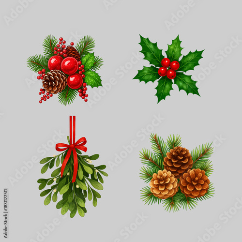 Christmas botanical vector set: pine cones, holly leaves with berries, mistletoe with ribbon. Isolated elements for holiday design, cards, decor and crafts. Transparent background.