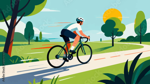 This vibrant geometric-style illustration depicts a cyclist riding a bicycle on a road, surrounded by trees and mountains under a vivid sunset sky, capturing the energy of outdoor cycling.