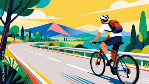 This vibrant geometric-style illustration depicts a cyclist riding a bicycle on a road, surrounded by trees and mountains under a vivid sunset sky, capturing the energy of outdoor cycling.