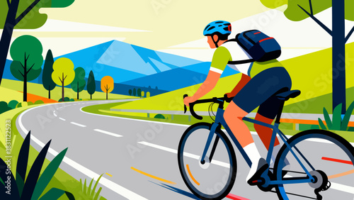 This vibrant geometric-style illustration depicts a cyclist riding a bicycle on a road, surrounded by trees and mountains under a vivid sunset sky, capturing the energy of outdoor cycling.