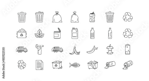 Collection of outline icon set garbage waste recycling environment pollution container can bin trash rubbish