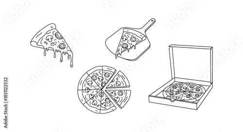 Pizza doodles collection with box slice and spatula tasty italian food vector line art on white