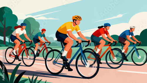 This vibrant geometric-style illustration depicts a cyclist riding a bicycle on a road, surrounded by trees and mountains under a vivid sunset sky, capturing the energy of outdoor cycling.