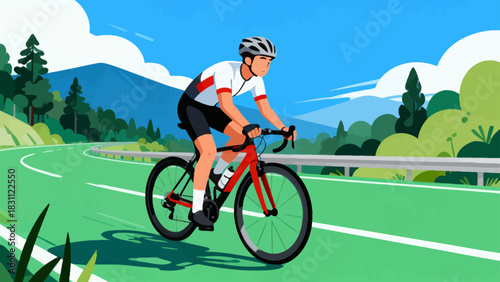 This vibrant geometric-style illustration depicts a cyclist riding a bicycle on a road, surrounded by trees and mountains under a vivid sunset sky, capturing the energy of outdoor cycling.
