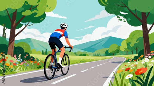 This vibrant geometric-style illustration depicts a cyclist riding a bicycle on a road, surrounded by trees and mountains under a vivid sunset sky, capturing the energy of outdoor cycling.