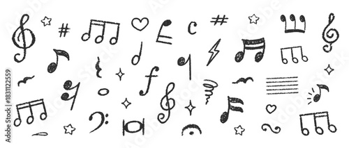 Chalk Blackboard Musical Notes Vector Set. Crayon Scribble Music Symbol Shapes Collection White Color Hand Drawn Brush Texture Treble Clef Pencil Emphasis Elements. Charcoal Doodle Audio Icons Bundle