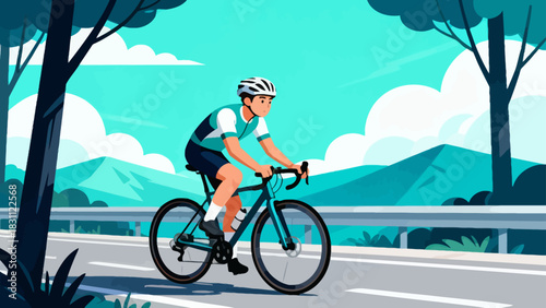 This vibrant geometric-style illustration depicts a cyclist riding a bicycle on a road, surrounded by trees and mountains under a vivid sunset sky, capturing the energy of outdoor cycling.