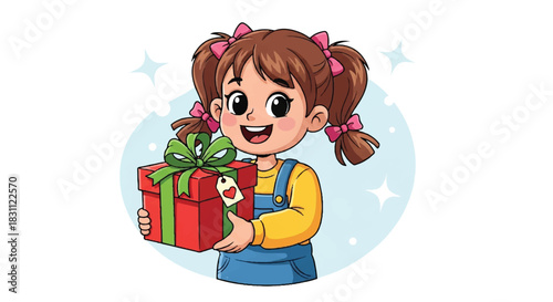 Happy little girl holding a wrapped gift box with a green ribbon.