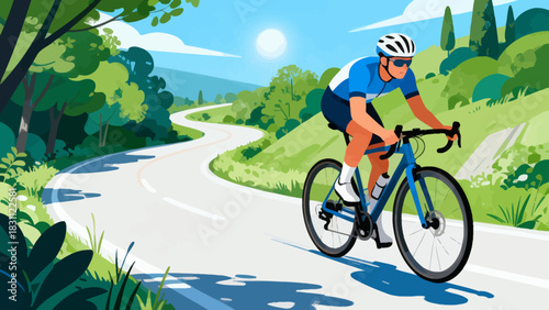 This vibrant geometric-style illustration depicts a cyclist riding a bicycle on a road, surrounded by trees and mountains under a vivid sunset sky, capturing the energy of outdoor cycling.