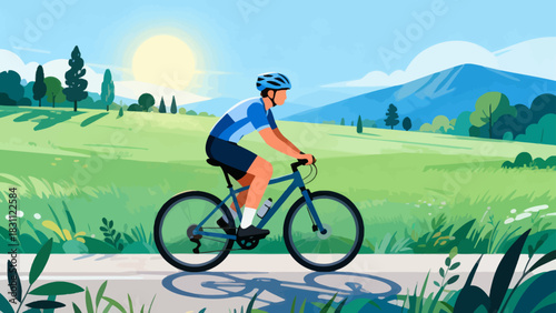 This vibrant geometric-style illustration depicts a cyclist riding a bicycle on a road, surrounded by trees and mountains under a vivid sunset sky, capturing the energy of outdoor cycling.