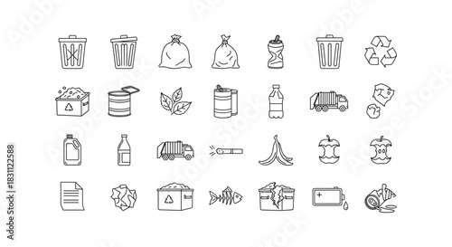 Set of garbage icons such as trash can bag crumpled cans bottle recycle sign and others line art style