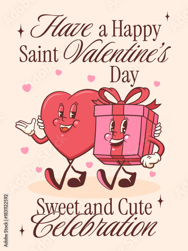 Valentines Day Groovy Heart Characters Set. Cartoon Love Holiday Personages Collection. Vector Cute Valentine Mascot Templates Background. Happy Vintage Cool Illustrations Bundle. Isolated