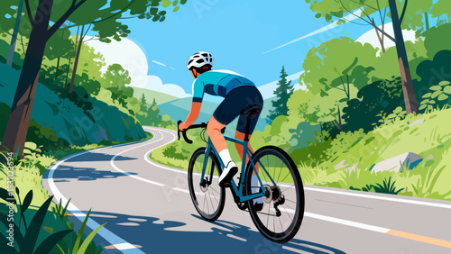 This vibrant geometric-style illustration depicts a cyclist riding a bicycle on a road, surrounded by trees and mountains under a vivid sunset sky, capturing the energy of outdoor cycling.