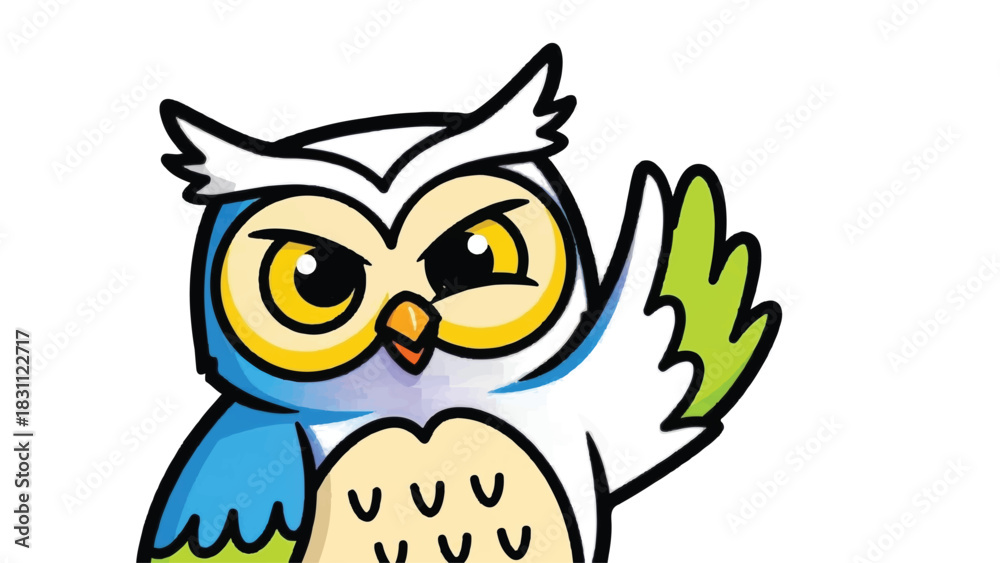Fototapeta premium Cute Cartoon Owl Waving Hello Friendly Greeting.