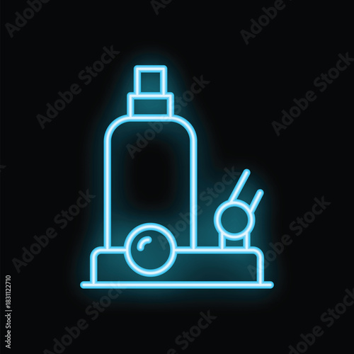 Neon icon of blue color, isolated vector illustration of a hydraulic bottle jack on a black background