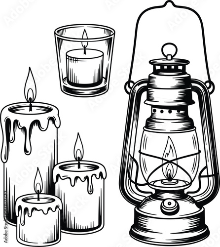 Vintage Oil Lantern and Candles Engraving Vector Set, Burning Light Sketch, Cozy Home Decor, Black and White Retro Woodcut Illustration Graphic